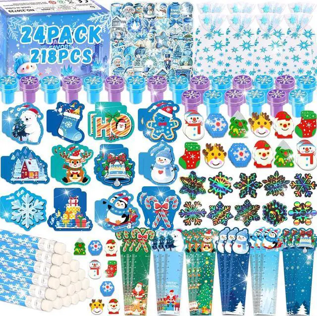 Main image of 218Pcs Winter Party Favors Holiday Stationery Gift Set, 24 Pack Winter Christmas Classroom Gifts Goodie Bag Fillers Stuffers Classroom Exchange Frozen Christmas Party Favors