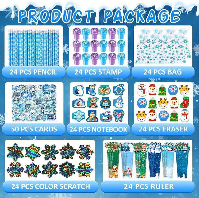 Alt view image 2 of 6 - 218Pcs Winter Party Favors Holiday Stationery Gift Set, 24 Pack Winter Christmas Classroom Gifts Goodie Bag Fillers Stuffers Classroom Exchange Frozen Christmas Party Favors