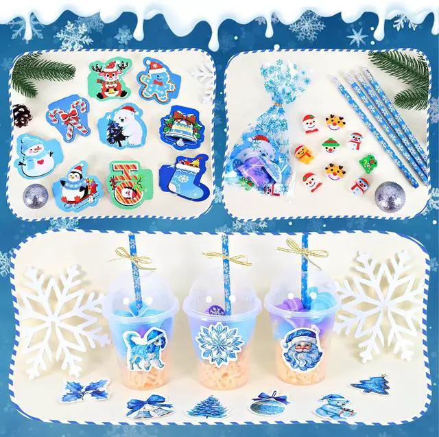 Alt view image 6 of 6 - 218Pcs Winter Party Favors Holiday Stationery Gift Set, 24 Pack Winter Christmas Classroom Gifts Goodie Bag Fillers Stuffers Classroom Exchange Frozen Christmas Party Favors