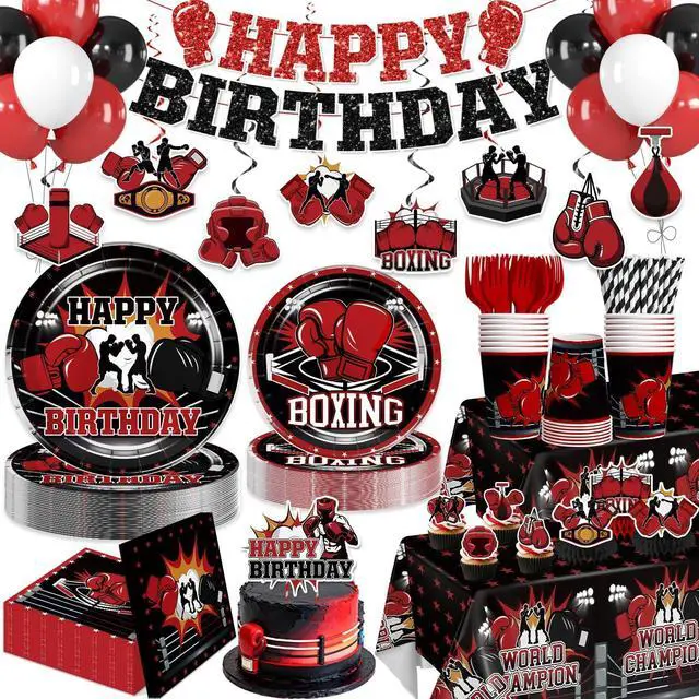 Main image of Boxing Party Decorations, All-in-one Boxing Party Supplies Includes Banner, Cake Toppers, Paper Plates, Napkins, Cups, and Tablecloth, Easy Setup Fight Night Boxing Match Party Decor, Serves 25
