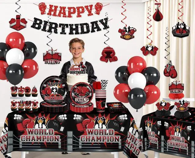 Alt view image 3 of 7 - Boxing Party Decorations, All-in-one Boxing Party Supplies Includes Banner, Cake Toppers, Paper Plates, Napkins, Cups, and Tablecloth, Easy Setup Fight Night Boxing Match Party Decor, Serves 25