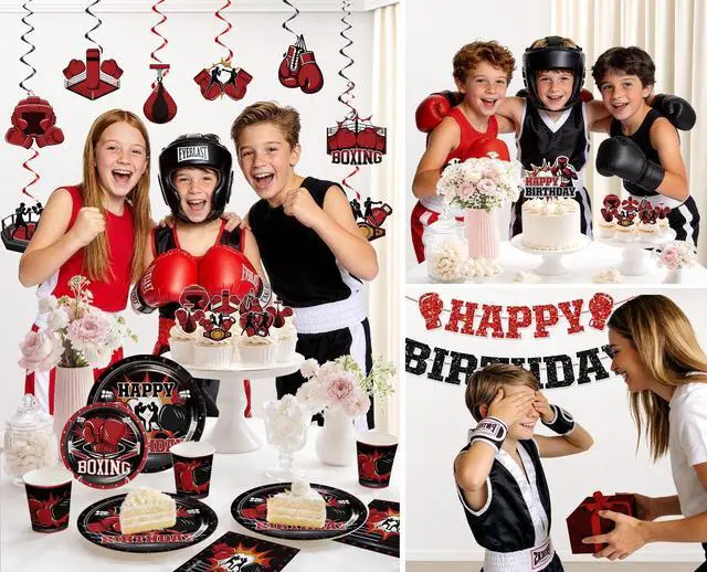 Alt view image 7 of 7 - Boxing Party Decorations, All-in-one Boxing Party Supplies Includes Banner, Cake Toppers, Paper Plates, Napkins, Cups, and Tablecloth, Easy Setup Fight Night Boxing Match Party Decor, Serves 25