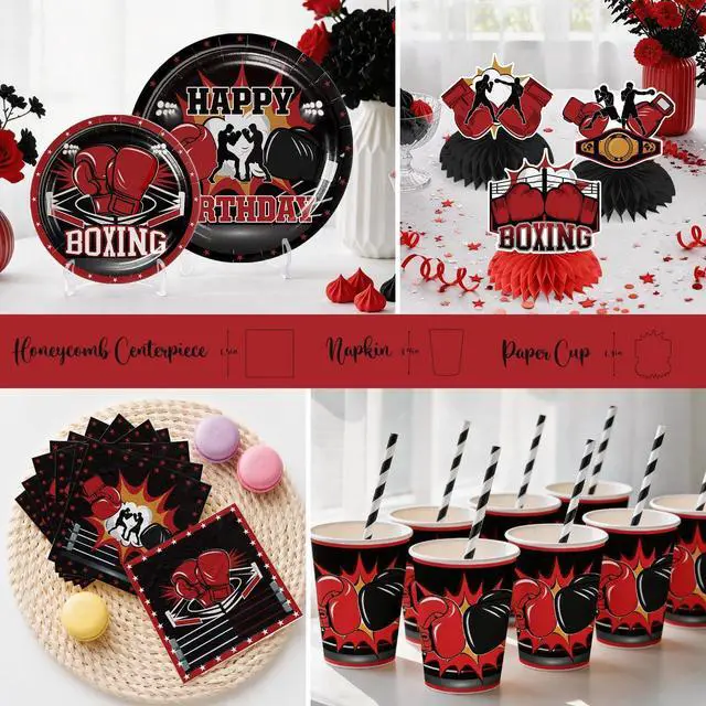 Alt view image 5 of 7 - Boxing Party Decorations, All-in-one Boxing Party Supplies Includes Banner, Cake Toppers, Paper Plates, Napkins, Cups, and Tablecloth, Easy Setup Fight Night Boxing Match Party Decor, Serves 25