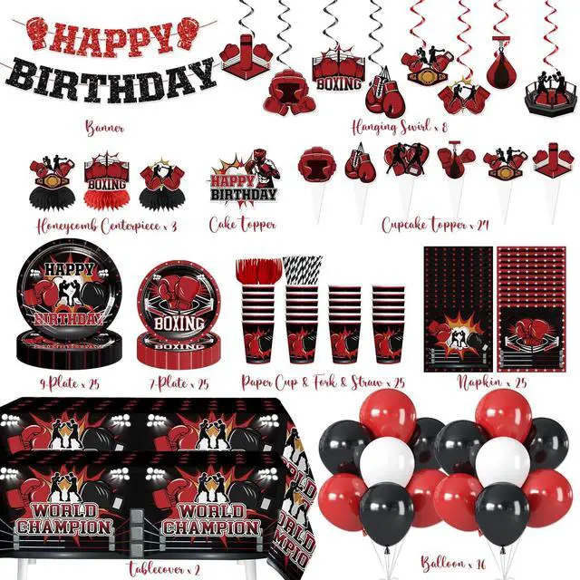 Alt view image 2 of 7 - Boxing Party Decorations, All-in-one Boxing Party Supplies Includes Banner, Cake Toppers, Paper Plates, Napkins, Cups, and Tablecloth, Easy Setup Fight Night Boxing Match Party Decor, Serves 25