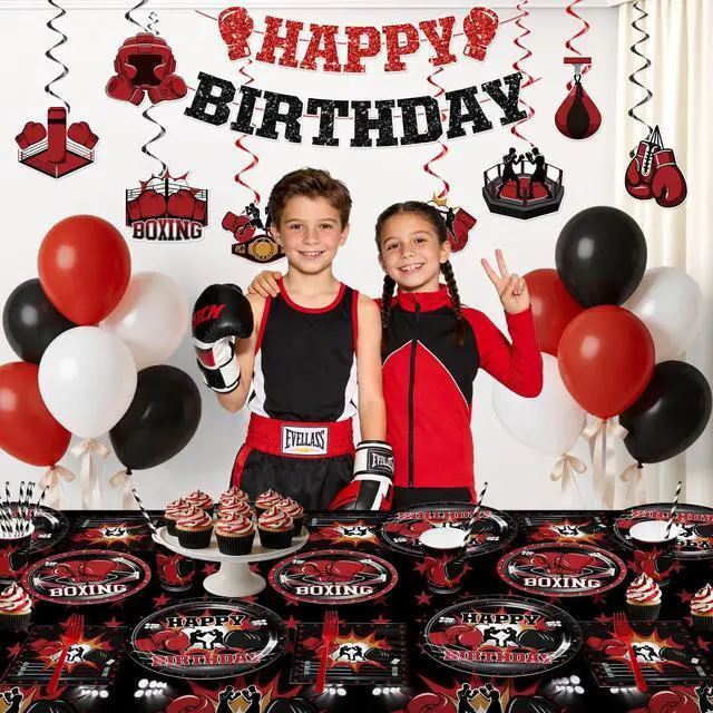 Alt view image 4 of 7 - Boxing Party Decorations, All-in-one Boxing Party Supplies Includes Banner, Cake Toppers, Paper Plates, Napkins, Cups, and Tablecloth, Easy Setup Fight Night Boxing Match Party Decor, Serves 25