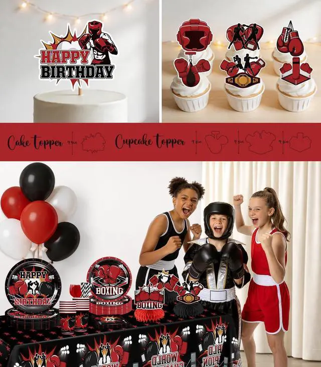 Alt view image 6 of 7 - Boxing Party Decorations, All-in-one Boxing Party Supplies Includes Banner, Cake Toppers, Paper Plates, Napkins, Cups, and Tablecloth, Easy Setup Fight Night Boxing Match Party Decor, Serves 25