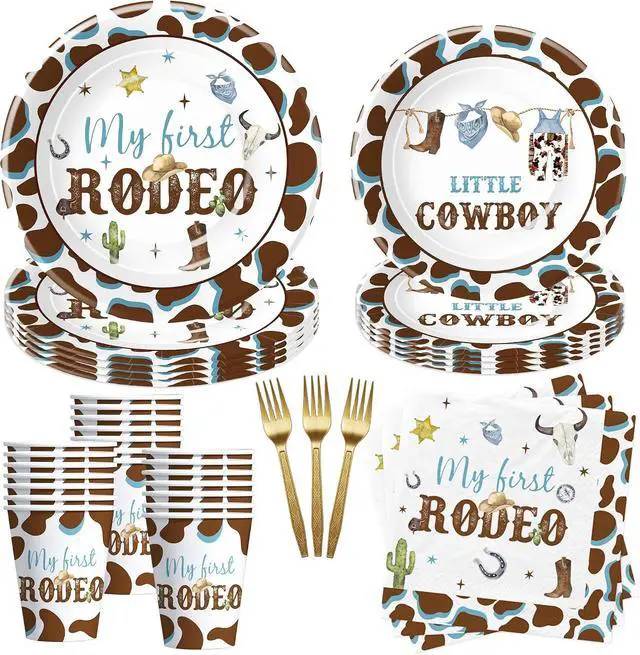 Main image of My First Rodeo Birthday Party Supplies Boy - Western Cowboy 1st Birthday Party Tableware, Paper Plate, Cup, Napkin, Disposable Cutlery, Wild West First Table Decorations | Serve 24