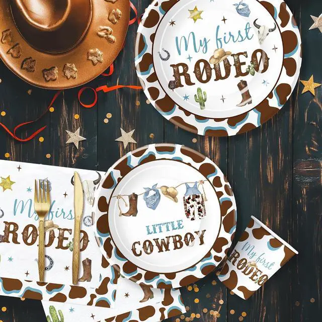 Alt view image 3 of 7 - My First Rodeo Birthday Party Supplies Boy - Western Cowboy 1st Birthday Party Tableware, Paper Plate, Cup, Napkin, Disposable Cutlery, Wild West First Table Decorations | Serve 24