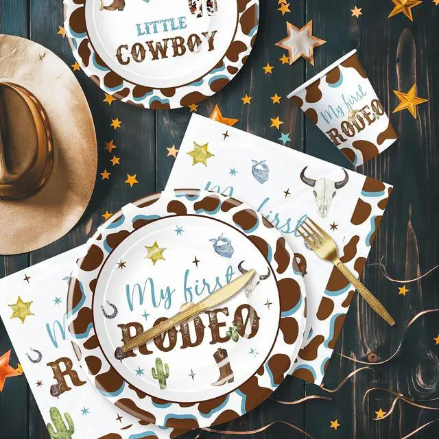 Alt view image 6 of 7 - My First Rodeo Birthday Party Supplies Boy - Western Cowboy 1st Birthday Party Tableware, Paper Plate, Cup, Napkin, Disposable Cutlery, Wild West First Table Decorations | Serve 24