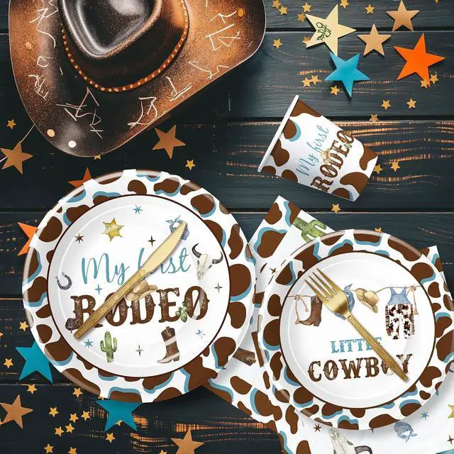 Alt view image 7 of 7 - My First Rodeo Birthday Party Supplies Boy - Western Cowboy 1st Birthday Party Tableware, Paper Plate, Cup, Napkin, Disposable Cutlery, Wild West First Table Decorations | Serve 24
