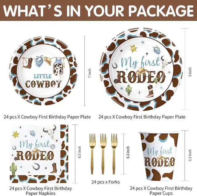 Alt view image 2 of 7 - My First Rodeo Birthday Party Supplies Boy - Western Cowboy 1st Birthday Party Tableware, Paper Plate, Cup, Napkin, Disposable Cutlery, Wild West First Table Decorations | Serve 24