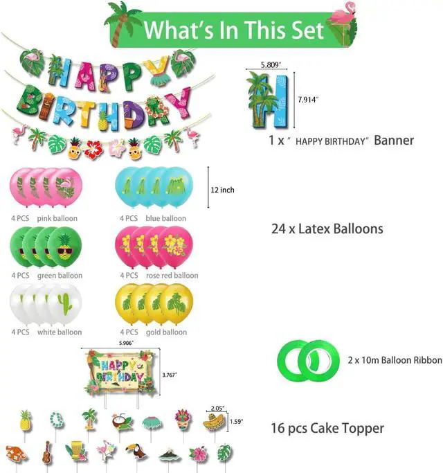 Alt view image 2 of 7 - Hawaiian Birthday Party Decorations for Girls Boys Flamingo Pineapples Cactus Happy Birthday Banner Balloons Cake Cupcake Toppers for Summer Luau Hawaii Aloha Tropical Beach Theme Party Supplies