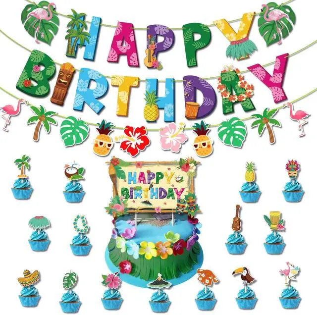 Alt view image 6 of 7 - Hawaiian Birthday Party Decorations for Girls Boys Flamingo Pineapples Cactus Happy Birthday Banner Balloons Cake Cupcake Toppers for Summer Luau Hawaii Aloha Tropical Beach Theme Party Supplies