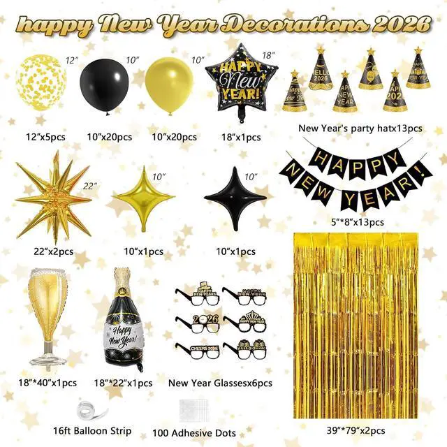 Alt view image 4 of 7 - New Years Decorations 2026 Eve Party Supplies with Glasses Hats Black Gold Confetti Balloons 2026 Number Balloons New Year Banner Gold Fringe Curtain Backdrop for Nye Decorations
