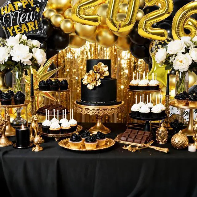 Alt view image 3 of 7 - New Years Decorations 2026 Eve Party Supplies with Glasses Hats Black Gold Confetti Balloons 2026 Number Balloons New Year Banner Gold Fringe Curtain Backdrop for Nye Decorations