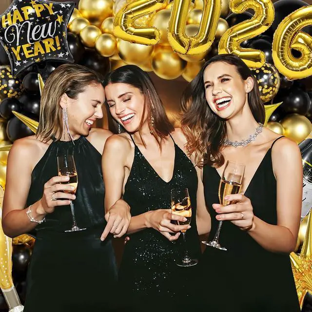 Alt view image 2 of 7 - New Years Decorations 2026 Eve Party Supplies with Glasses Hats Black Gold Confetti Balloons 2026 Number Balloons New Year Banner Gold Fringe Curtain Backdrop for Nye Decorations