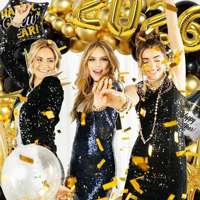 Alt view image 5 of 7 - New Years Decorations 2026 Eve Party Supplies with Glasses Hats Black Gold Confetti Balloons 2026 Number Balloons New Year Banner Gold Fringe Curtain Backdrop for Nye Decorations