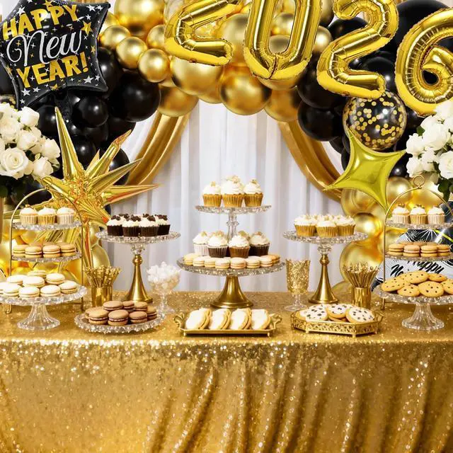 Alt view image 6 of 7 - New Years Decorations 2026 Eve Party Supplies with Glasses Hats Black Gold Confetti Balloons 2026 Number Balloons New Year Banner Gold Fringe Curtain Backdrop for Nye Decorations