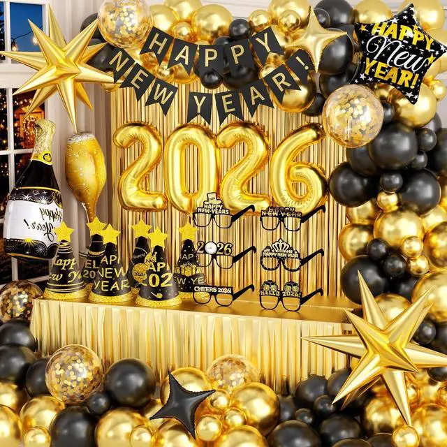 Main image of New Years Decorations 2026 Eve Party Supplies with Glasses Hats Black Gold Confetti Balloons 2026 Number Balloons New Year Banner Gold Fringe Curtain Backdrop for Nye Decorations