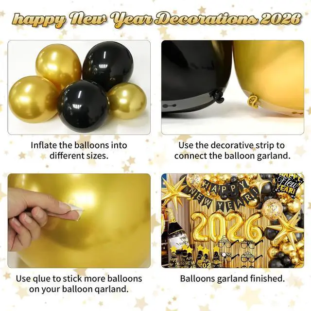 Alt view image 7 of 7 - New Years Decorations 2026 Eve Party Supplies with Glasses Hats Black Gold Confetti Balloons 2026 Number Balloons New Year Banner Gold Fringe Curtain Backdrop for Nye Decorations