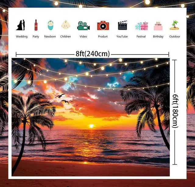 Alt view image 2 of 7 - Sunset Beach Backdrop Seaside Palm Tree Photography Background Summer Tropical Hawaii Scenery Banner for Aloha Luau Wedding Holiday Birthday Party Decorations Supplies (94X70 inch (8x6FT))