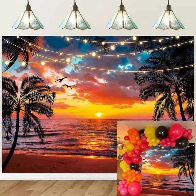 Main image of Sunset Beach Backdrop Seaside Palm Tree Photography Background Summer Tropical Hawaii Scenery Banner for Aloha Luau Wedding Holiday Birthday Party Decorations Supplies (94X70 inch (8x6FT))