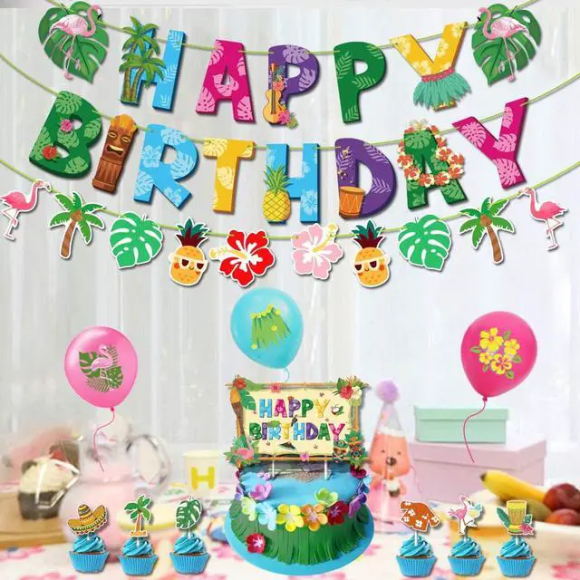 Alt view image 3 of 7 - Hawaiian Birthday Party Decorations for Girls Boys Flamingo Pineapples Cactus Happy Birthday Banner Balloons Cake Cupcake Toppers for Summer Luau Hawaii Aloha Tropical Beach Theme Party Supplies