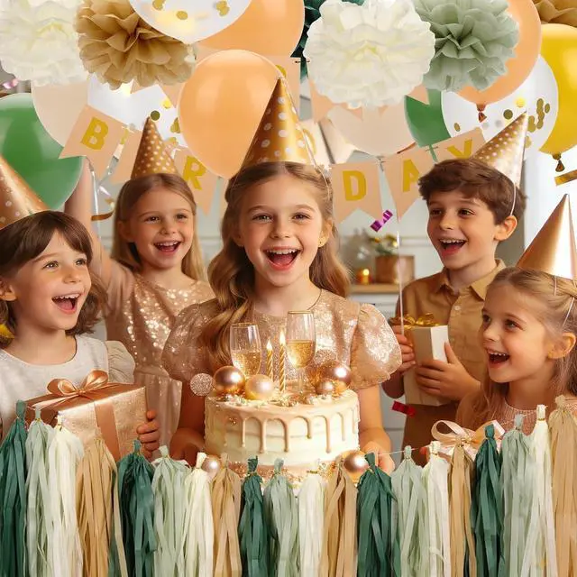 Alt view image 4 of 6 - Sage Green Birthday Decorations for Women, Olive Green Nude Gold Retro Birthday Party Supplies, Neutral Greenery Rustic Décor Kit with Balloons Banner Pom Poms (Green)