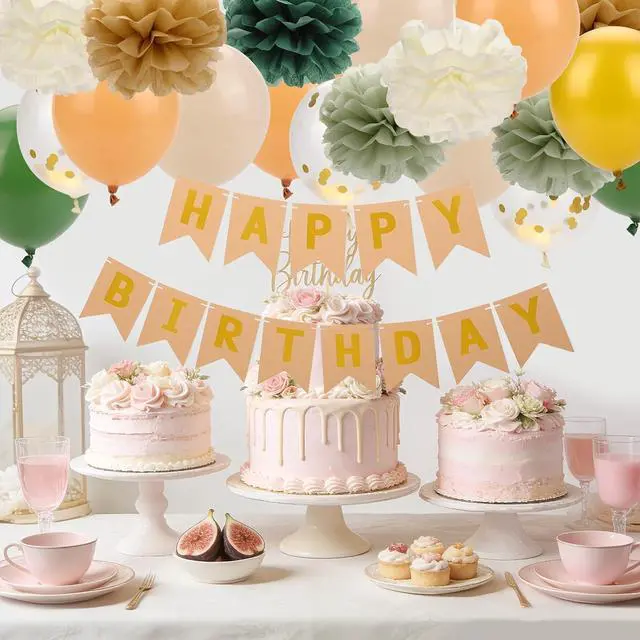 Alt view image 5 of 6 - Sage Green Birthday Decorations for Women, Olive Green Nude Gold Retro Birthday Party Supplies, Neutral Greenery Rustic Décor Kit with Balloons Banner Pom Poms (Green)