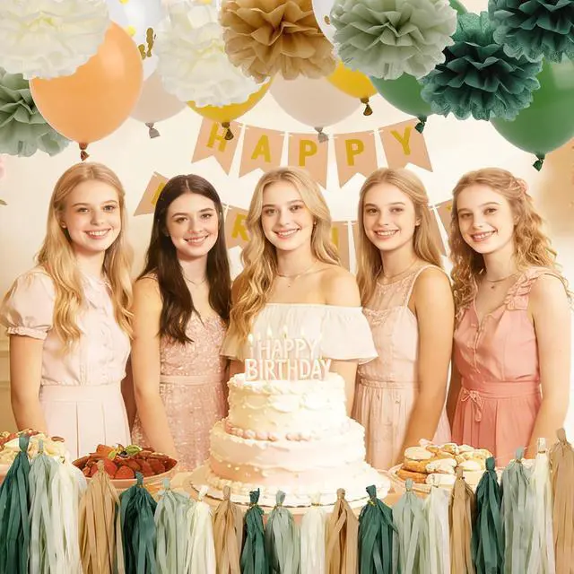 Alt view image 2 of 6 - Sage Green Birthday Decorations for Women, Olive Green Nude Gold Retro Birthday Party Supplies, Neutral Greenery Rustic Décor Kit with Balloons Banner Pom Poms (Green)