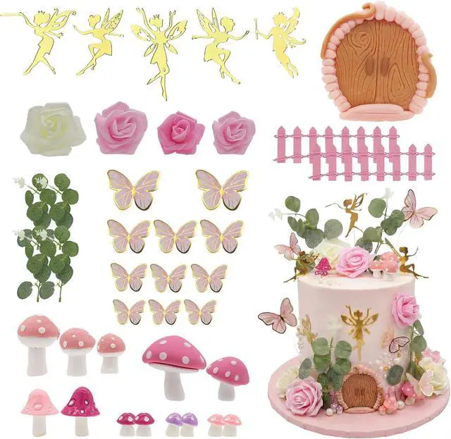 Main image of BiBo Fairy Cake Topper Decoration, First Birthday Cupcake Toppers Include Mushroom Butterfly Flowers Door for Fairy Garden Party Themed Baby Shower Decor Favors Supplies.