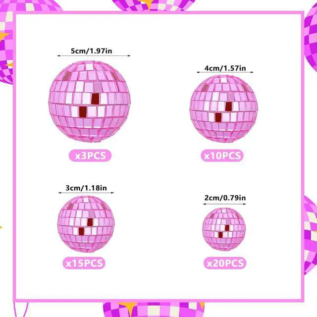 Alt view image 2 of 6 - 48 PCS Pink Disco Ball Cake Decoration Ornaments Reflective Mirror Balls for 70s Disco Themed Parties