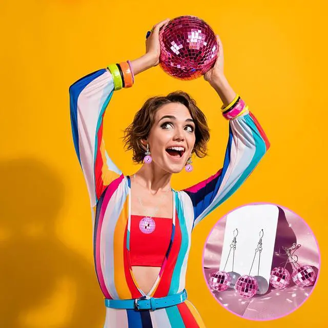 Alt view image 5 of 6 - 48 PCS Pink Disco Ball Cake Decoration Ornaments Reflective Mirror Balls for 70s Disco Themed Parties