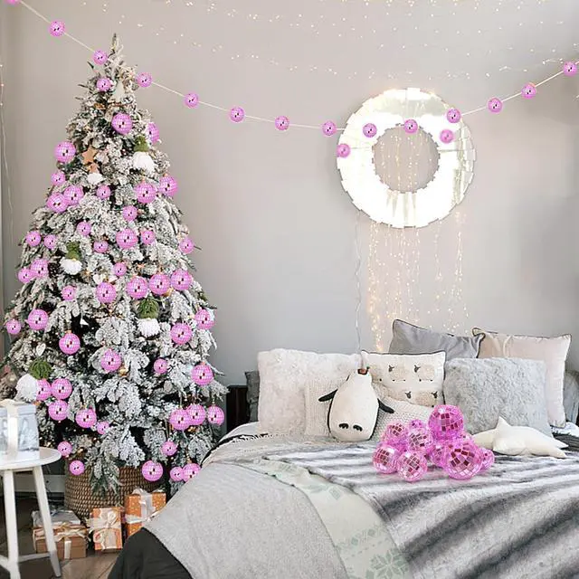 Alt view image 3 of 6 - 48 PCS Pink Disco Ball Cake Decoration Ornaments Reflective Mirror Balls for 70s Disco Themed Parties
