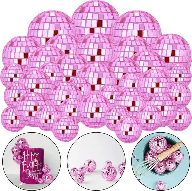 Main image of 48 PCS Pink Disco Ball Cake Decoration Ornaments Reflective Mirror Balls for 70s Disco Themed Parties