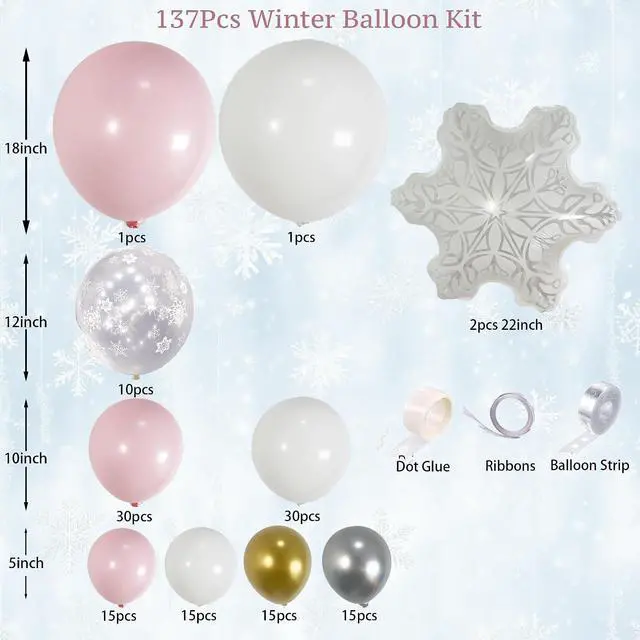 Alt view image 2 of 7 - Pink And White Winter Wonderland Princess Balloon Arch 137pcs Snowflake Balloons for Pink Winter Onederland First Birthday Christmas Girl Baby Shower Party Coquette Decorations