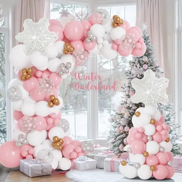Main image of Pink And White Winter Wonderland Princess Balloon Arch 137pcs Snowflake Balloons for Pink Winter Onederland First Birthday Christmas Girl Baby Shower Party Coquette Decorations