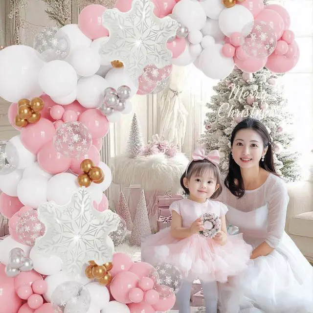 Alt view image 6 of 7 - Pink And White Winter Wonderland Princess Balloon Arch 137pcs Snowflake Balloons for Pink Winter Onederland First Birthday Christmas Girl Baby Shower Party Coquette Decorations