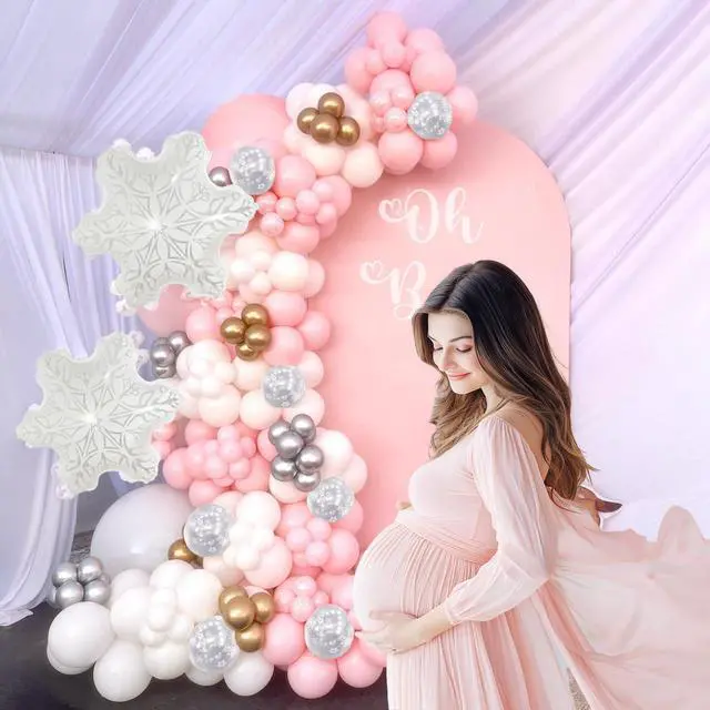 Alt view image 5 of 7 - Pink And White Winter Wonderland Princess Balloon Arch 137pcs Snowflake Balloons for Pink Winter Onederland First Birthday Christmas Girl Baby Shower Party Coquette Decorations