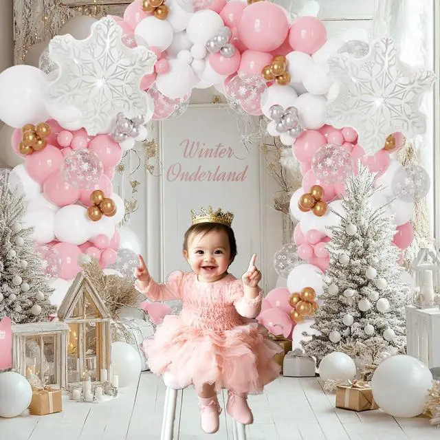 Alt view image 3 of 7 - Pink And White Winter Wonderland Princess Balloon Arch 137pcs Snowflake Balloons for Pink Winter Onederland First Birthday Christmas Girl Baby Shower Party Coquette Decorations