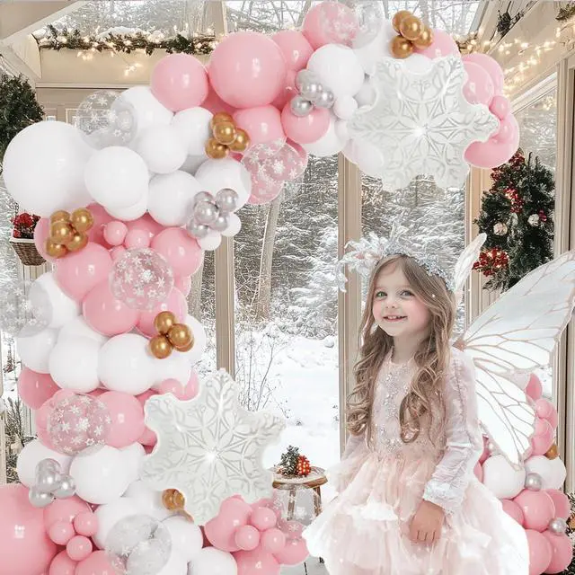 Alt view image 4 of 7 - Pink And White Winter Wonderland Princess Balloon Arch 137pcs Snowflake Balloons for Pink Winter Onederland First Birthday Christmas Girl Baby Shower Party Coquette Decorations