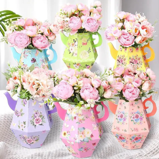 Main image of Nuogo 12 Pcs Tea Party Centerpieces for Table Spring Summer Wedding Party Decorations 6.8'' Teapot Princess Flower Vase Boxes Table Decor for Floral Themed Birthday Baby Shower, 6 Styles