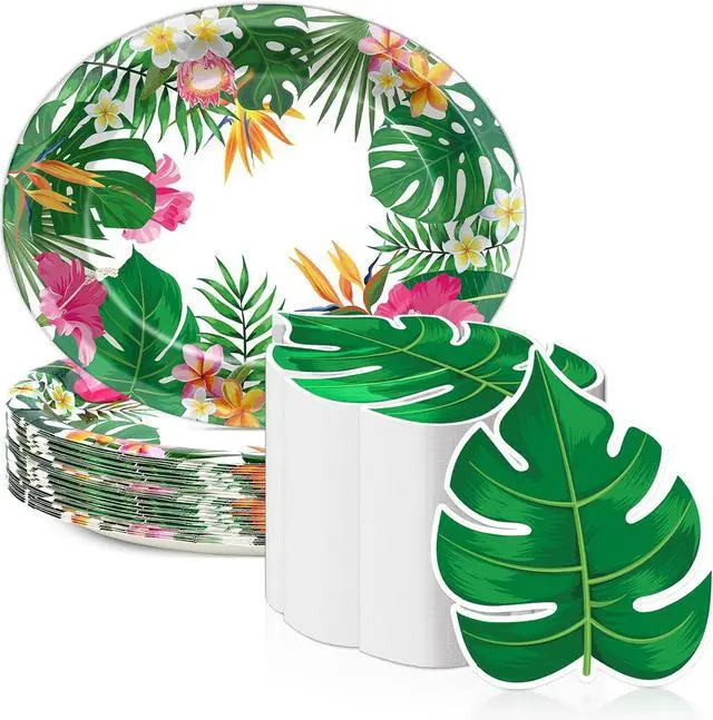 Main image of 50PCS Hawaiian Luau Party Oval Paper Plates Green Leaf Shape Napkins Aloha Floral Party Supplies Large 11in Summer Platters Tableware Decoration Disposable Tropical Dish Tray for Beach Birthday Party