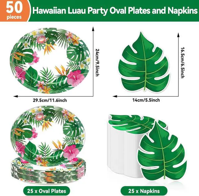 Alt view image 2 of 7 - 50PCS Hawaiian Luau Party Oval Paper Plates Green Leaf Shape Napkins Aloha Floral Party Supplies Large 11in Summer Platters Tableware Decoration Disposable Tropical Dish Tray for Beach Birthday Party