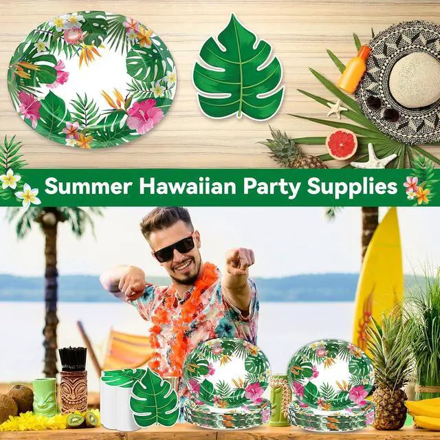 Alt view image 5 of 7 - 50PCS Hawaiian Luau Party Oval Paper Plates Green Leaf Shape Napkins Aloha Floral Party Supplies Large 11in Summer Platters Tableware Decoration Disposable Tropical Dish Tray for Beach Birthday Party