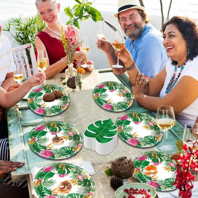Alt view image 6 of 7 - 50PCS Hawaiian Luau Party Oval Paper Plates Green Leaf Shape Napkins Aloha Floral Party Supplies Large 11in Summer Platters Tableware Decoration Disposable Tropical Dish Tray for Beach Birthday Party