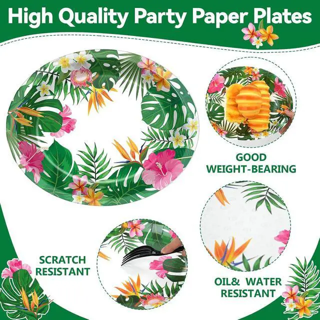 Alt view image 3 of 7 - 50PCS Hawaiian Luau Party Oval Paper Plates Green Leaf Shape Napkins Aloha Floral Party Supplies Large 11in Summer Platters Tableware Decoration Disposable Tropical Dish Tray for Beach Birthday Party