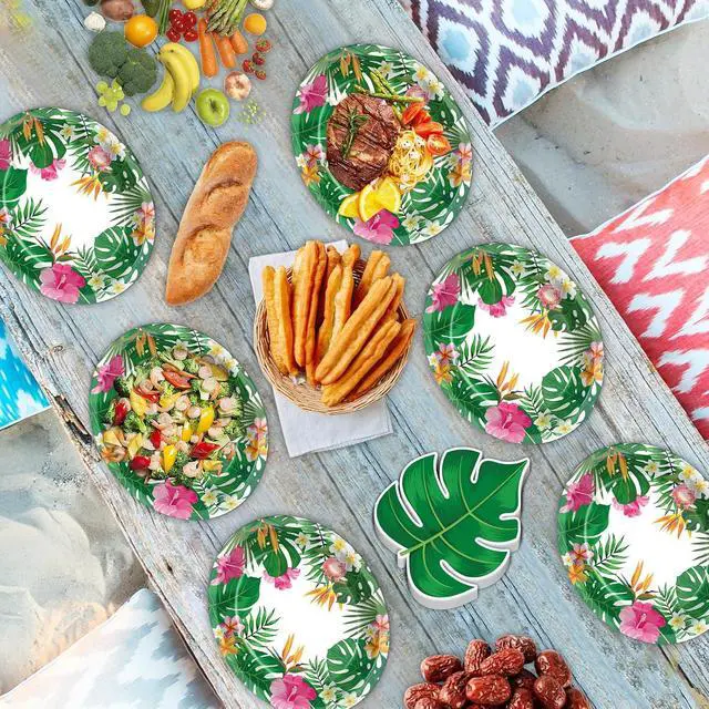 Alt view image 7 of 7 - 50PCS Hawaiian Luau Party Oval Paper Plates Green Leaf Shape Napkins Aloha Floral Party Supplies Large 11in Summer Platters Tableware Decoration Disposable Tropical Dish Tray for Beach Birthday Party