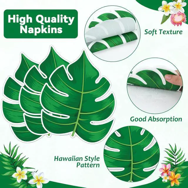 Alt view image 4 of 7 - 50PCS Hawaiian Luau Party Oval Paper Plates Green Leaf Shape Napkins Aloha Floral Party Supplies Large 11in Summer Platters Tableware Decoration Disposable Tropical Dish Tray for Beach Birthday Party