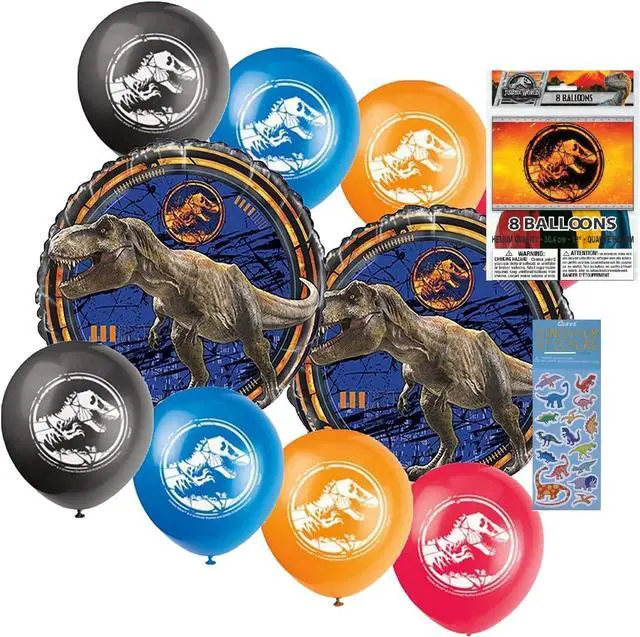 Main image of Jurassic World Dinosaur Birthday Party Supplies Balloon Decoration Bundle includes 10 Pieces and 1 Dinosaur Sticker Sheet